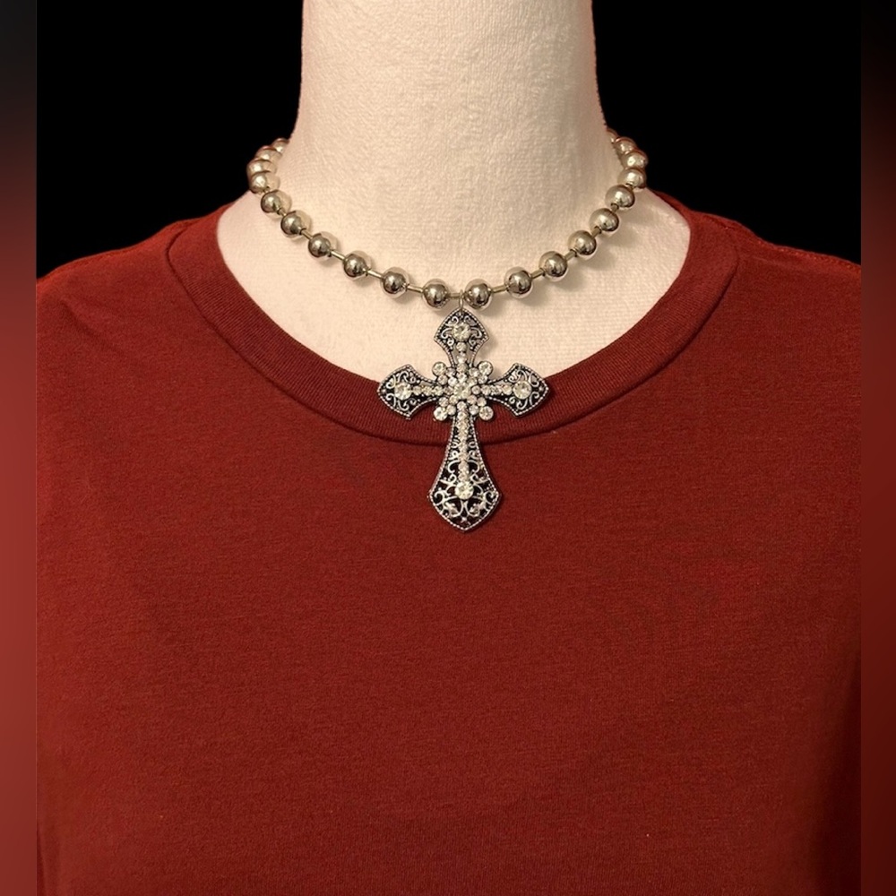 Gothic Cross Pendant Necklace Chunky Silver Big Large Crystals Y2K Ball Chain